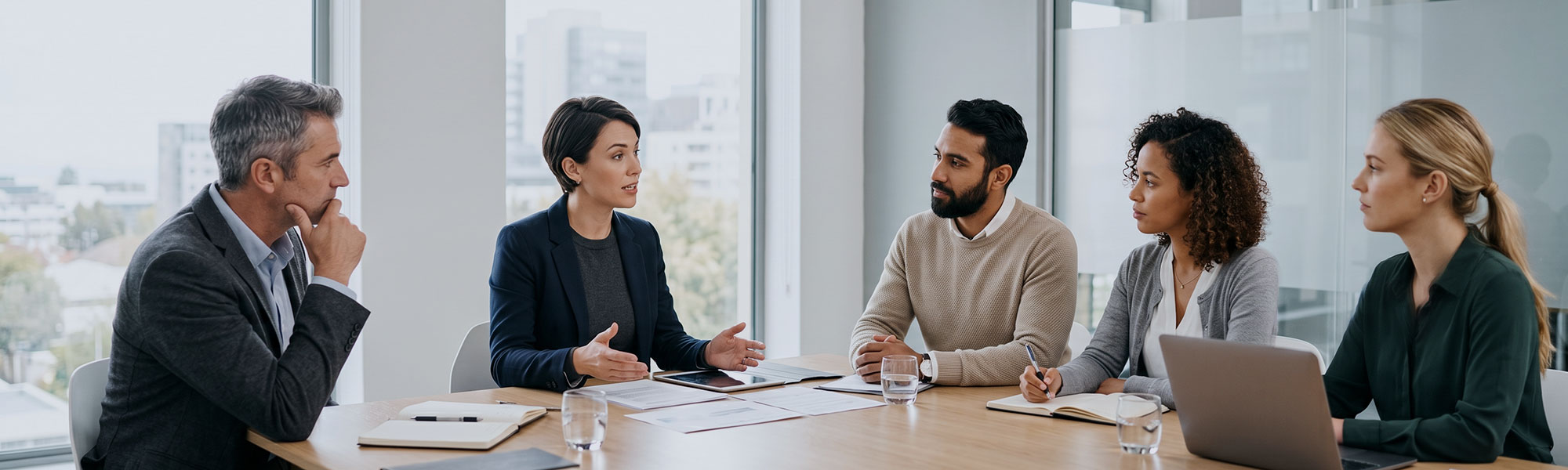 Five professionals sitting around a boardroom desk